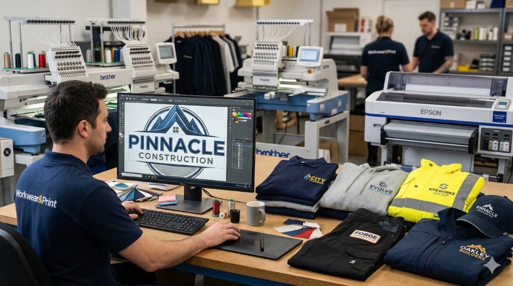Graphic designer creating custom logo artwork for workwear. Brother embroidery machines, branded polo shirts, hoodies and hi-vis jackets. High-quality artwork preparation for embroidery and print production.