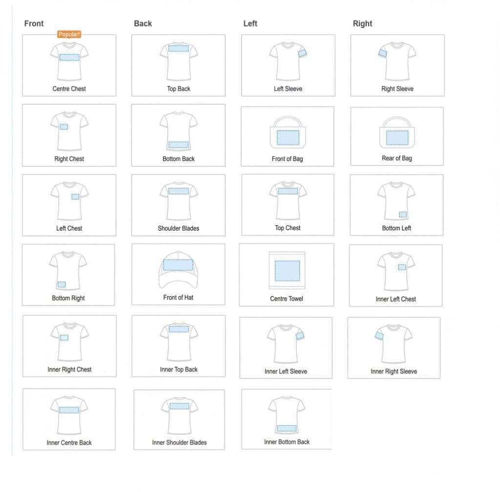 Standard branding positions for garments: Front (Centre Chest, Right Chest, Left Chest, etc.), Back (Top Back, Bottom Back, Shoulder Blades), Left (Left Sleeve, Front of Bag), Right (Right Sleeve, Rear of Bag)
