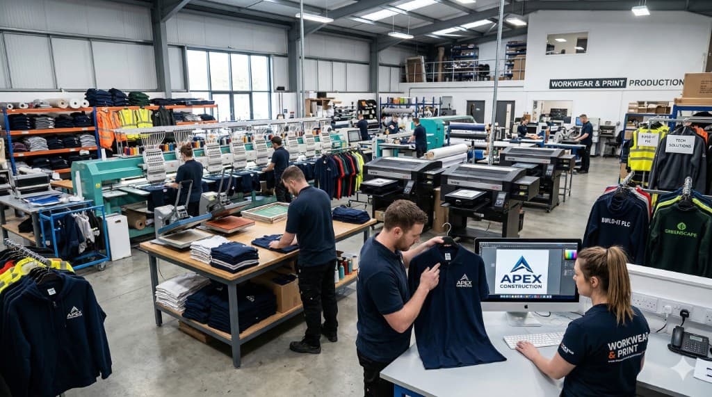 Workwear and print production facility: design team reviewing custom embroidered polo shirt with APEX CONSTRUCTION logo on computer screen, embroidery machines and branded apparel in background.