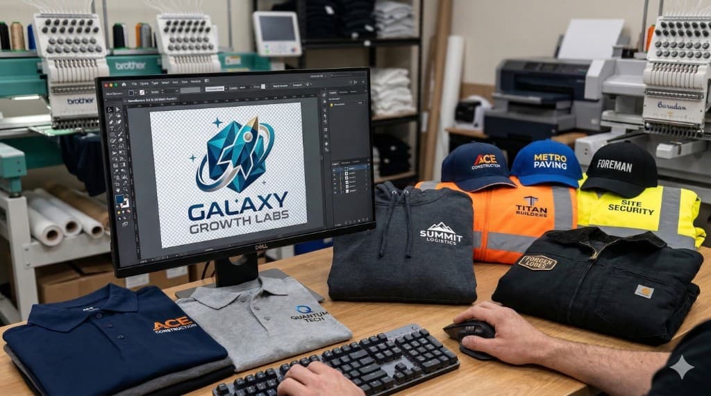 Logo design with transparent background on computer screen. Custom branded polo shirts, caps and hi-vis vests. PNG, EPS, SVG transparent files for seamless garment embroidery and print.
