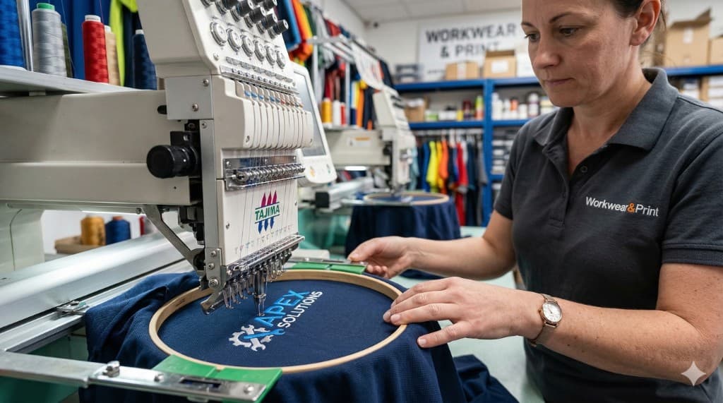 Industrial multi-needle embroidery machine stitching custom logo onto navy blue workwear. Professional logo embroidery on chest position, branded apparel and corporate clothing production.