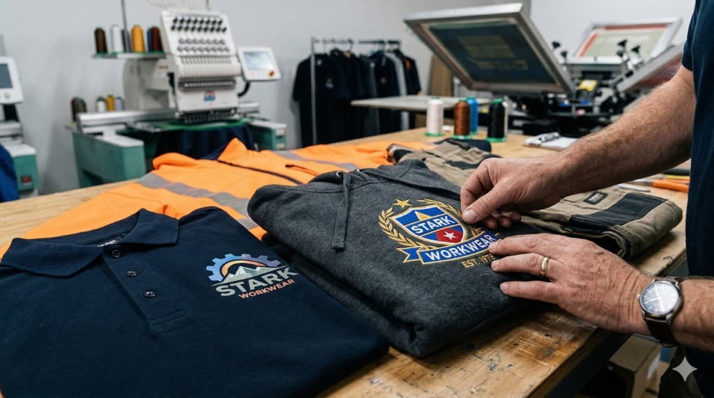 Embroidered logo on hoodie vs printed logo on polo shirt. Industrial embroidery machine and screen printing press. Custom workwear quality control – embroidery and print limitations for branded apparel.